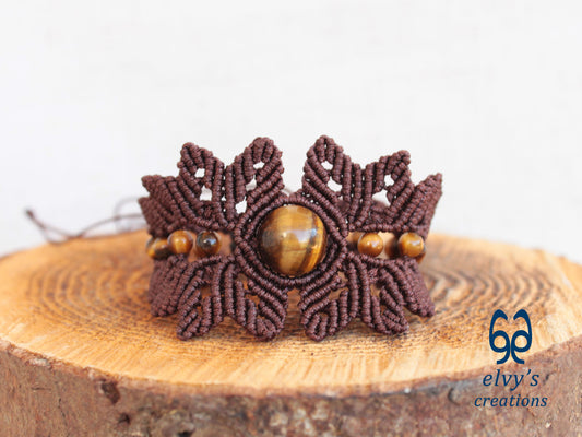 Brown Macrame Bracelet Tiger Eye Gemstones Adjustable Lace Bracelet Birthday Gift for Women