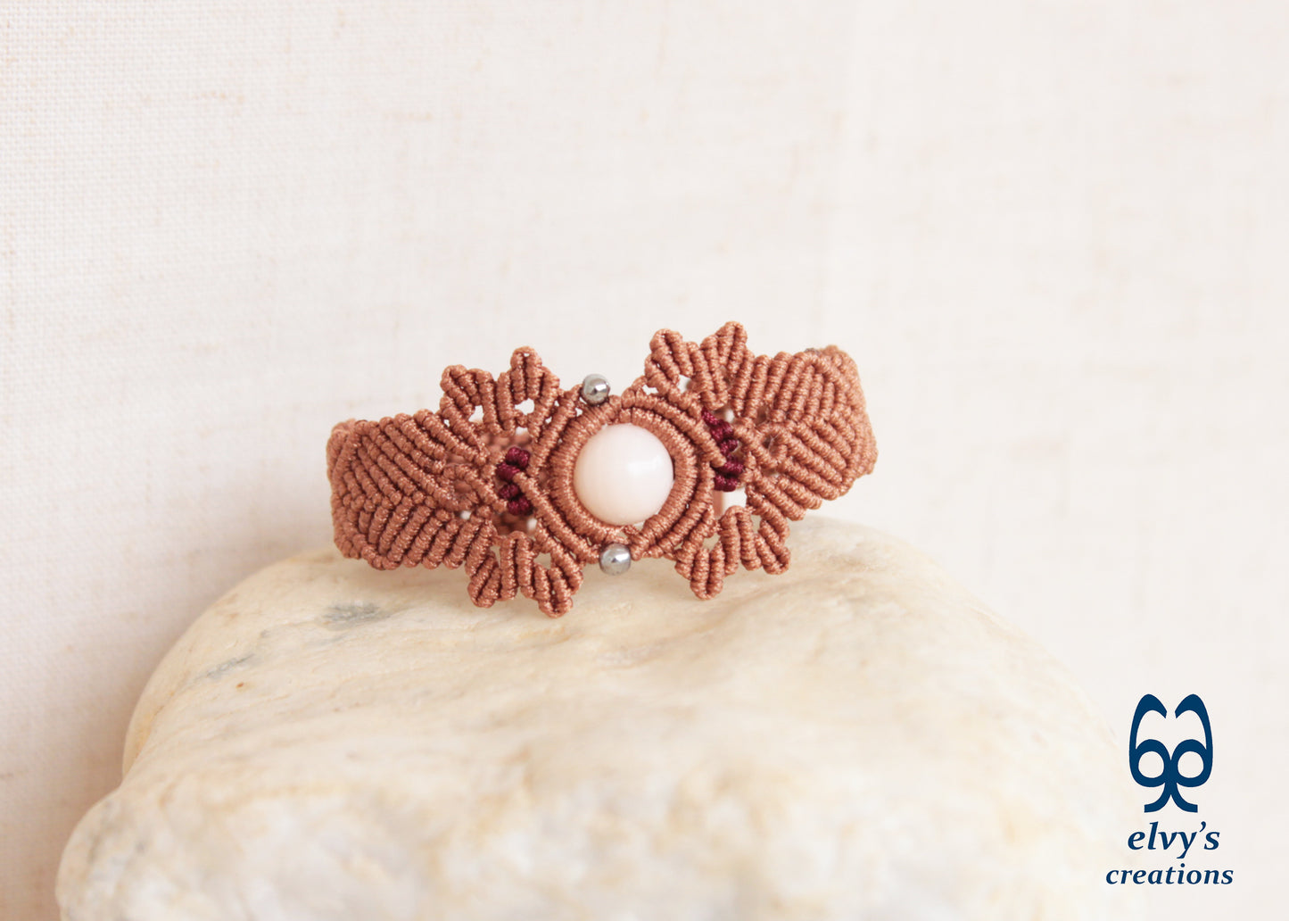 Bronze Macrame Bracelet with Pink Quartz Gemstone Adjustable Gemstone 