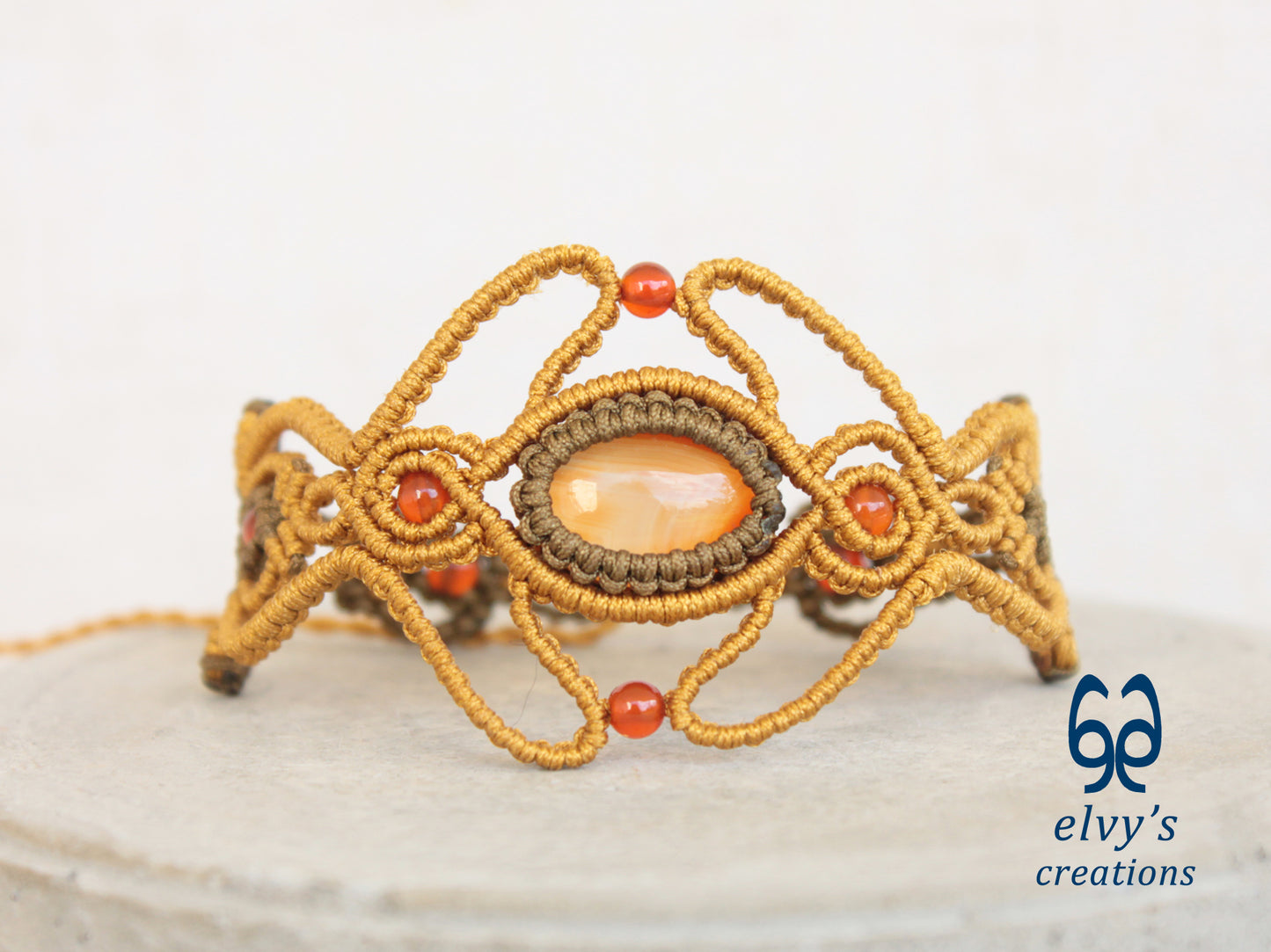 Gold Handmade Macrame Bracelet with Orange Carnelian Gemstones