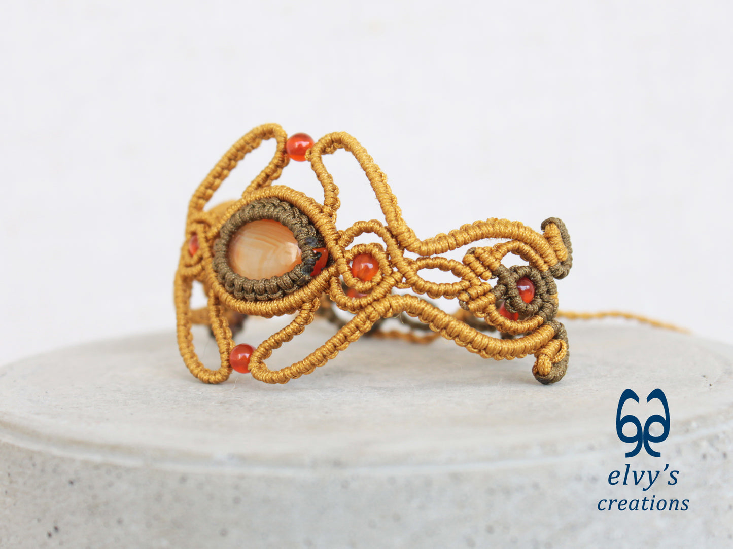 Gold Handmade Macrame Bracelet with Orange Carnelian Gemstones