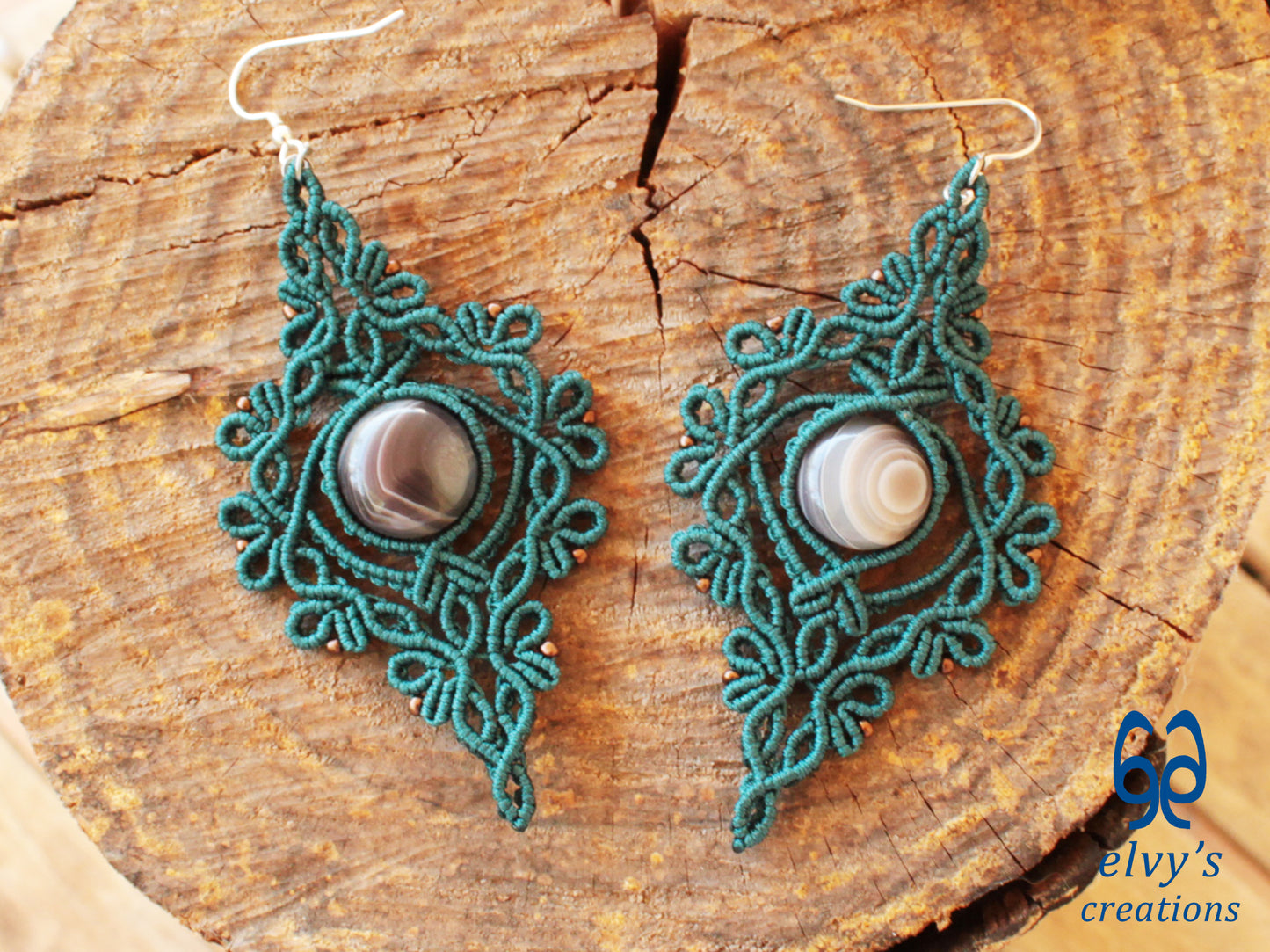 Handmade Green Macrame Earrings with Agate Gemstones Macrame Jewelry