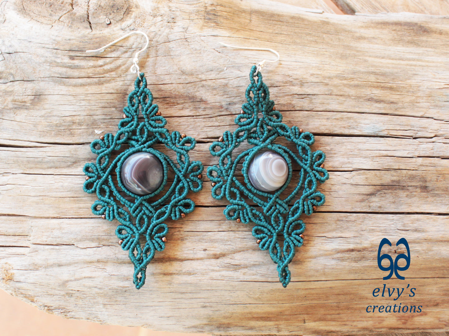 Handmade Green Macrame Earrings with Agate Gemstones Macrame Jewelry