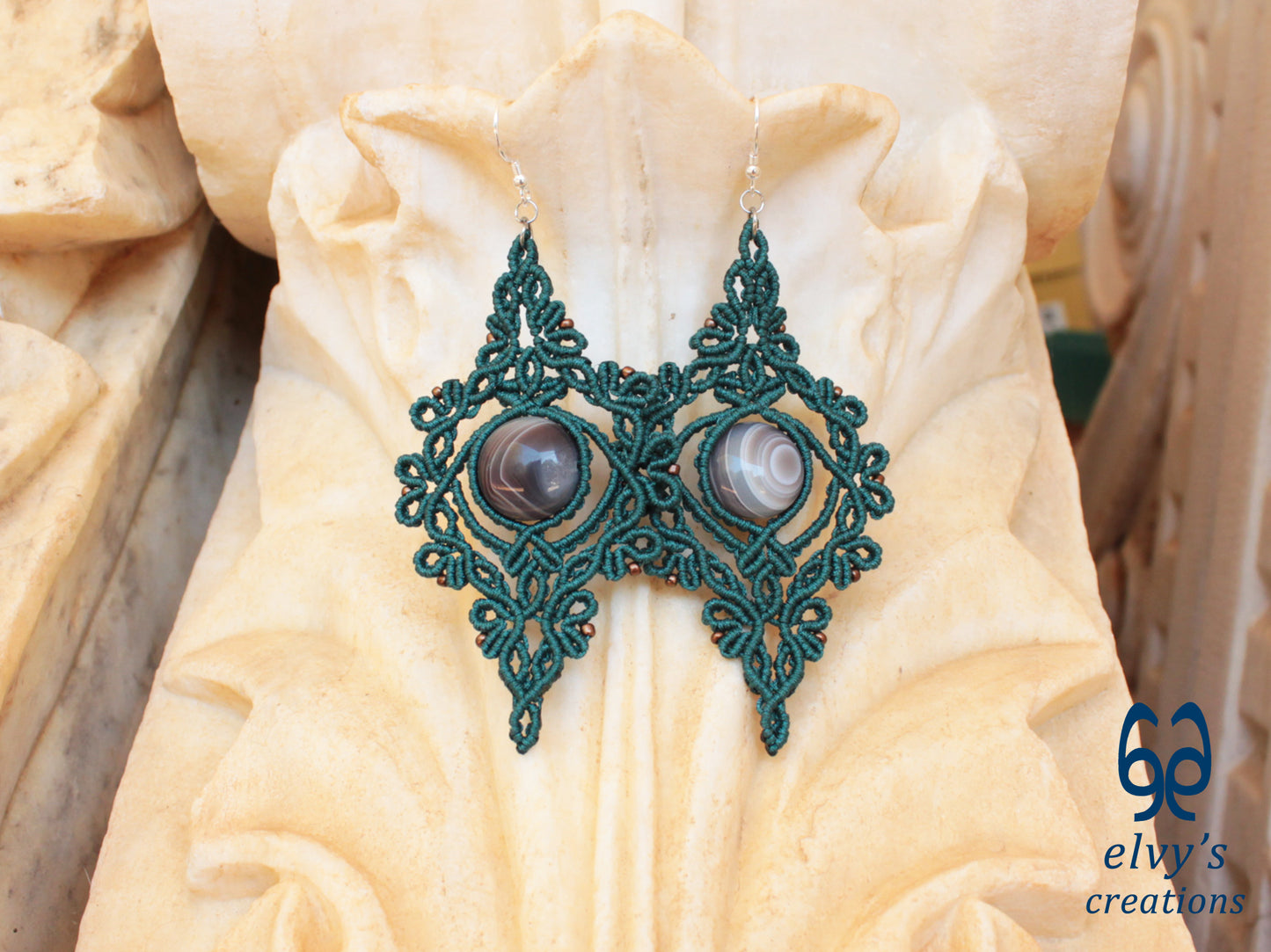 Handmade Green Macrame Earrings with Agate Gemstones Macrame Jewelry