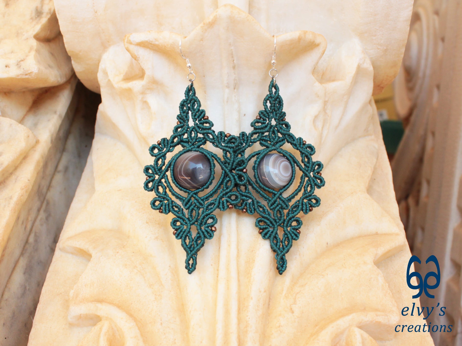 Handmade Green Macrame Earrings with Agate Gemstones Macrame Jewelry