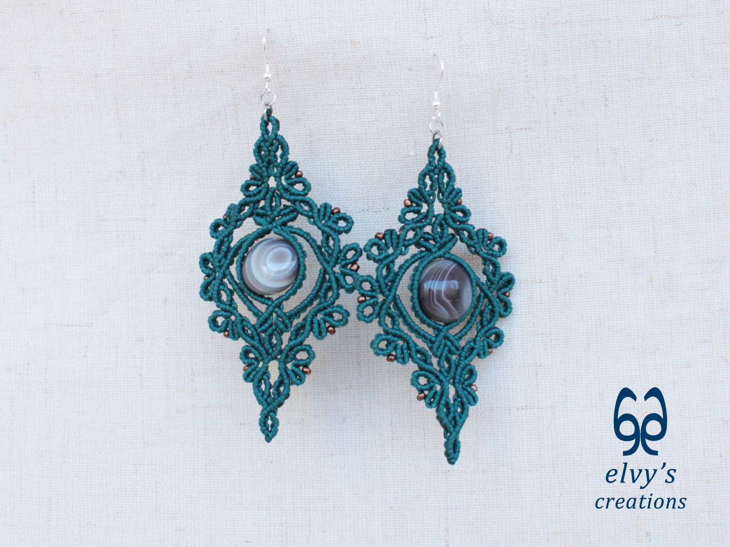 Handmade Green Macrame Earrings with Agate Gemstones Macrame Jewelry