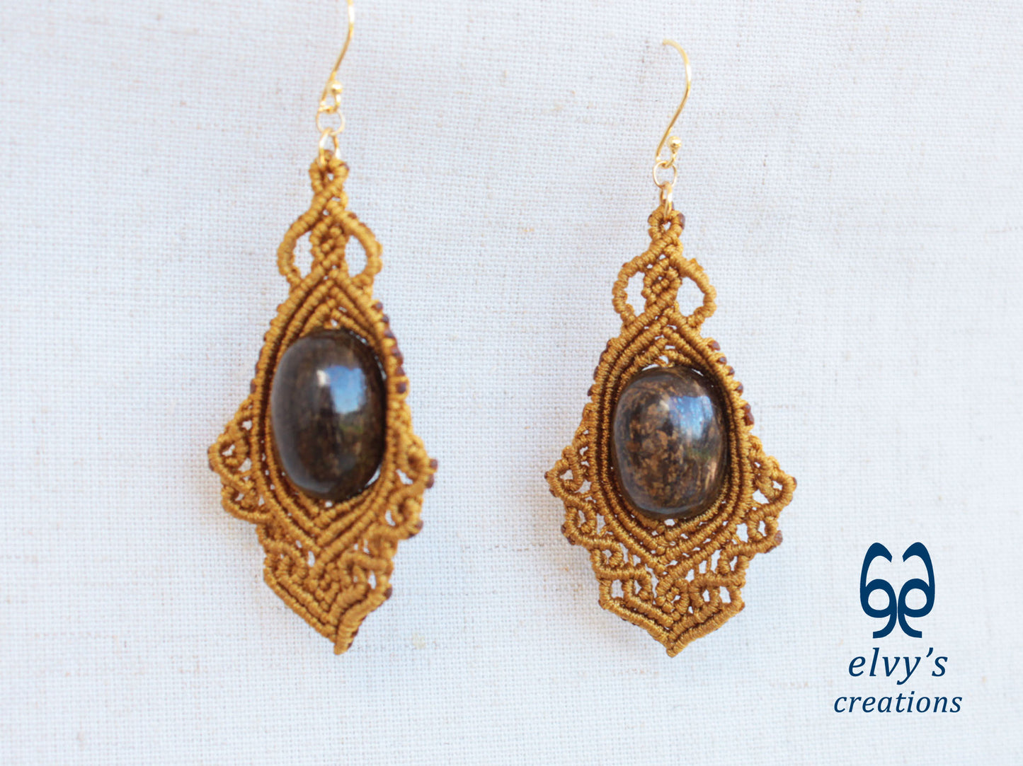 Handmade Gold Macrame Earrings Dangle Bronzite Gemstones Silver Macrame Earrings