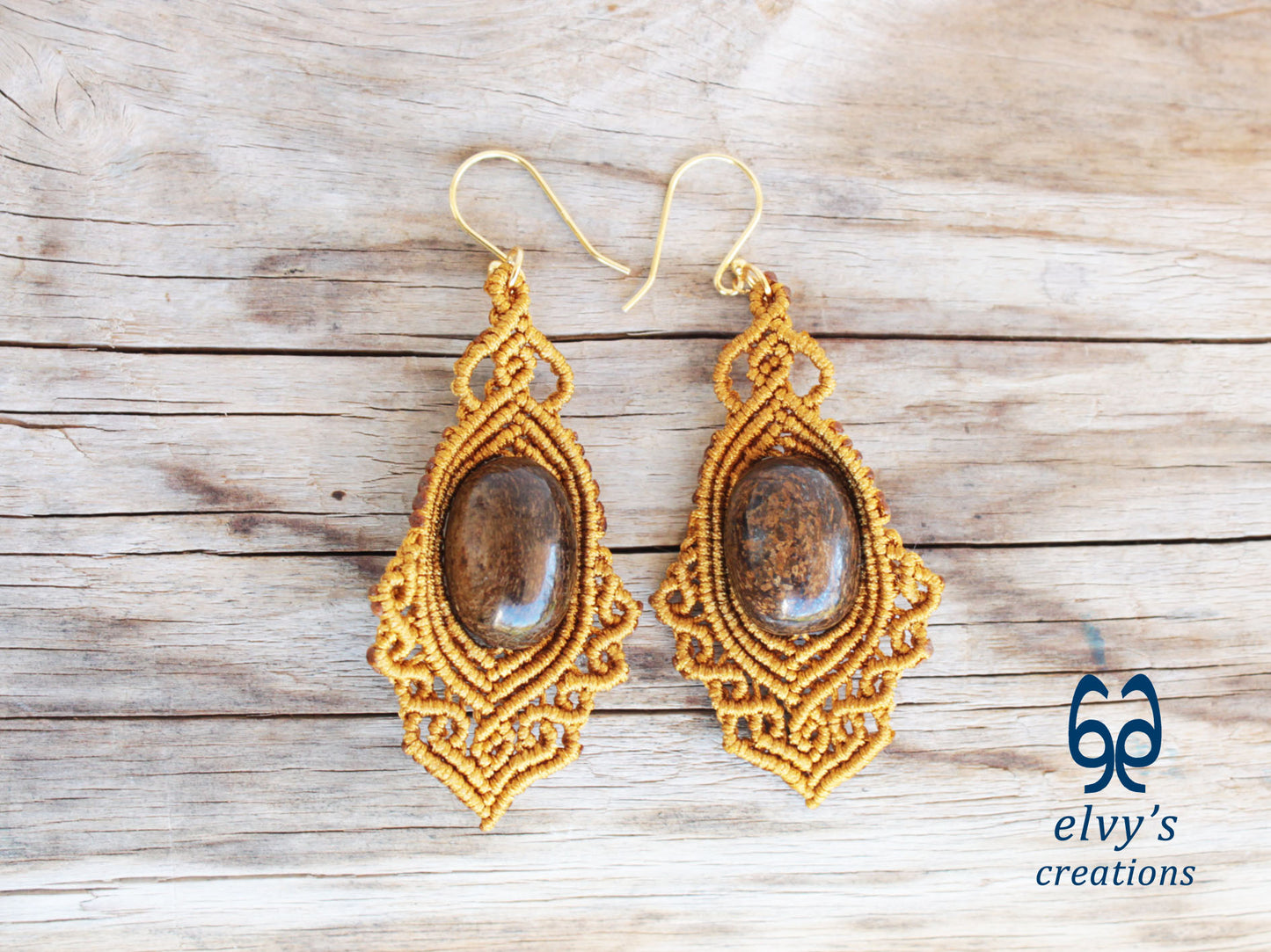 Handmade Gold Macrame Earrings Dangle Bronzite Gemstones Silver Macrame Earrings