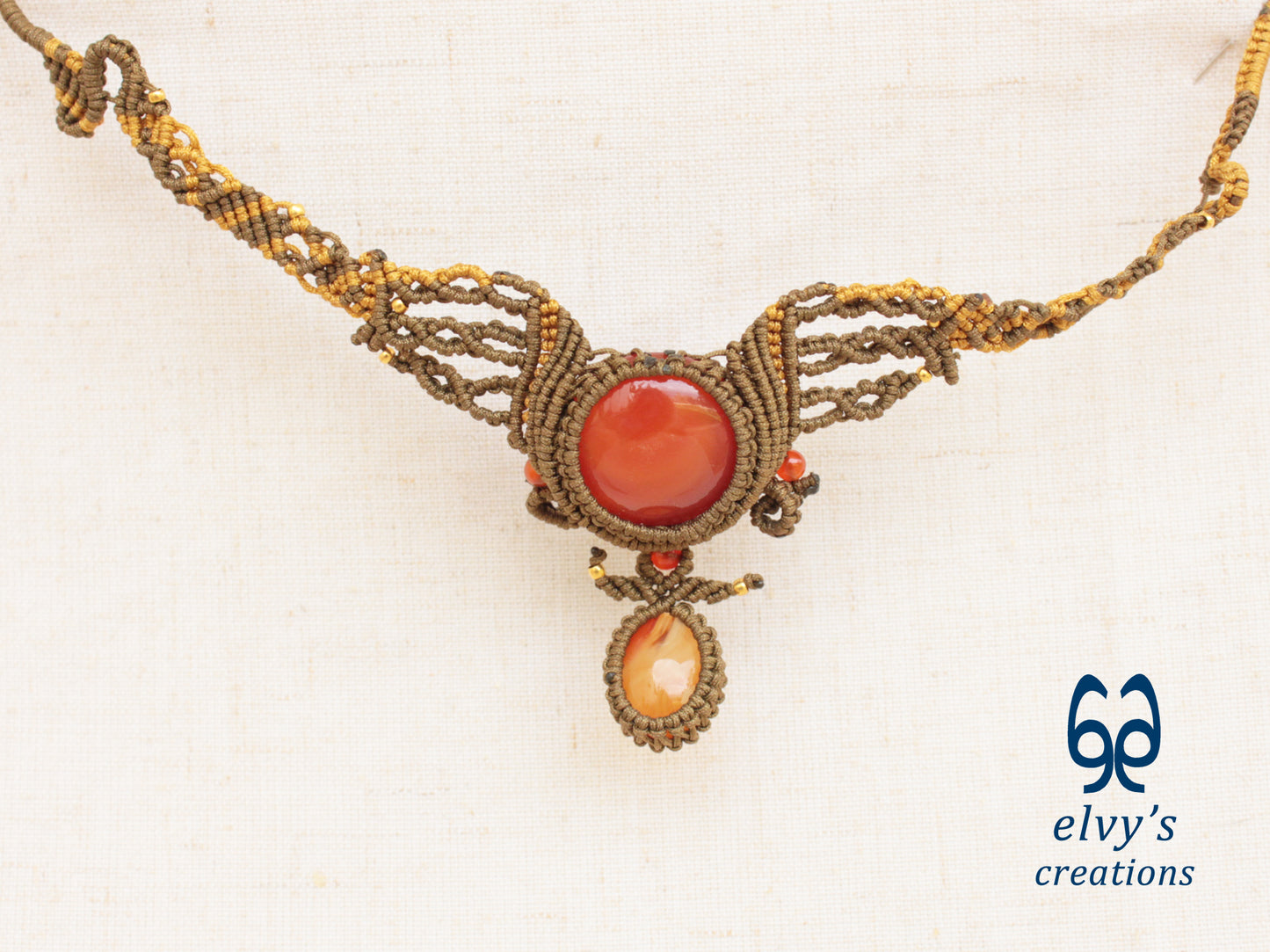 Handmade Gold Dark Macrame Necklace with Carnelian Gemstones