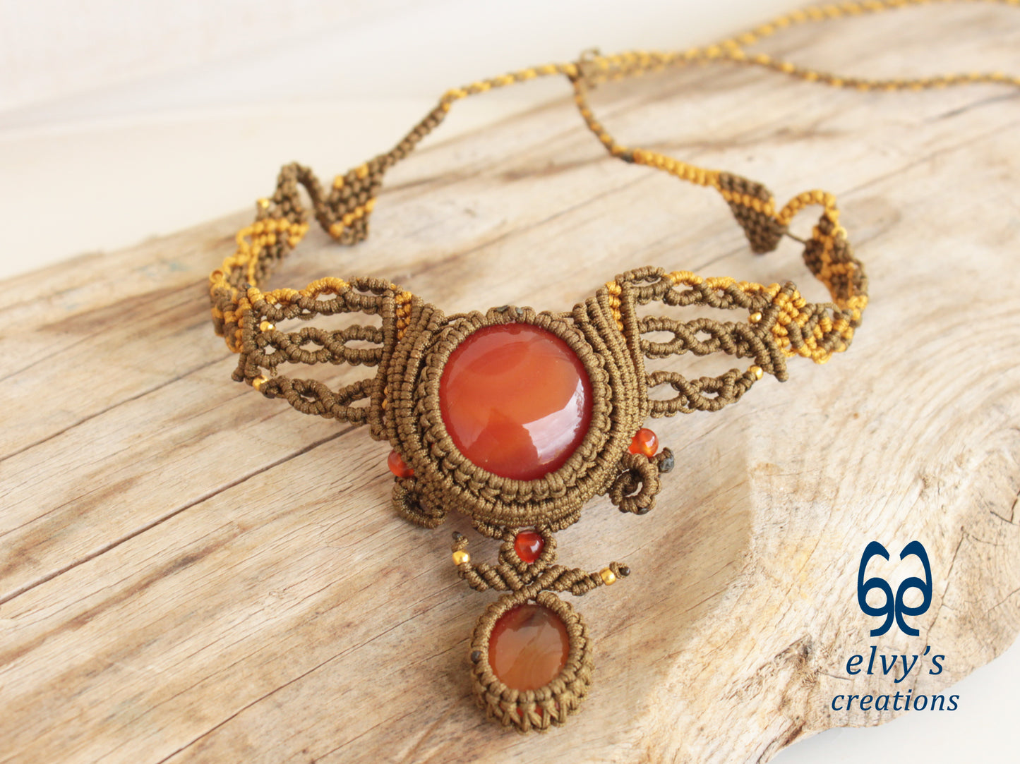 Handmade Gold Dark Macrame Necklace with Carnelian Gemstones