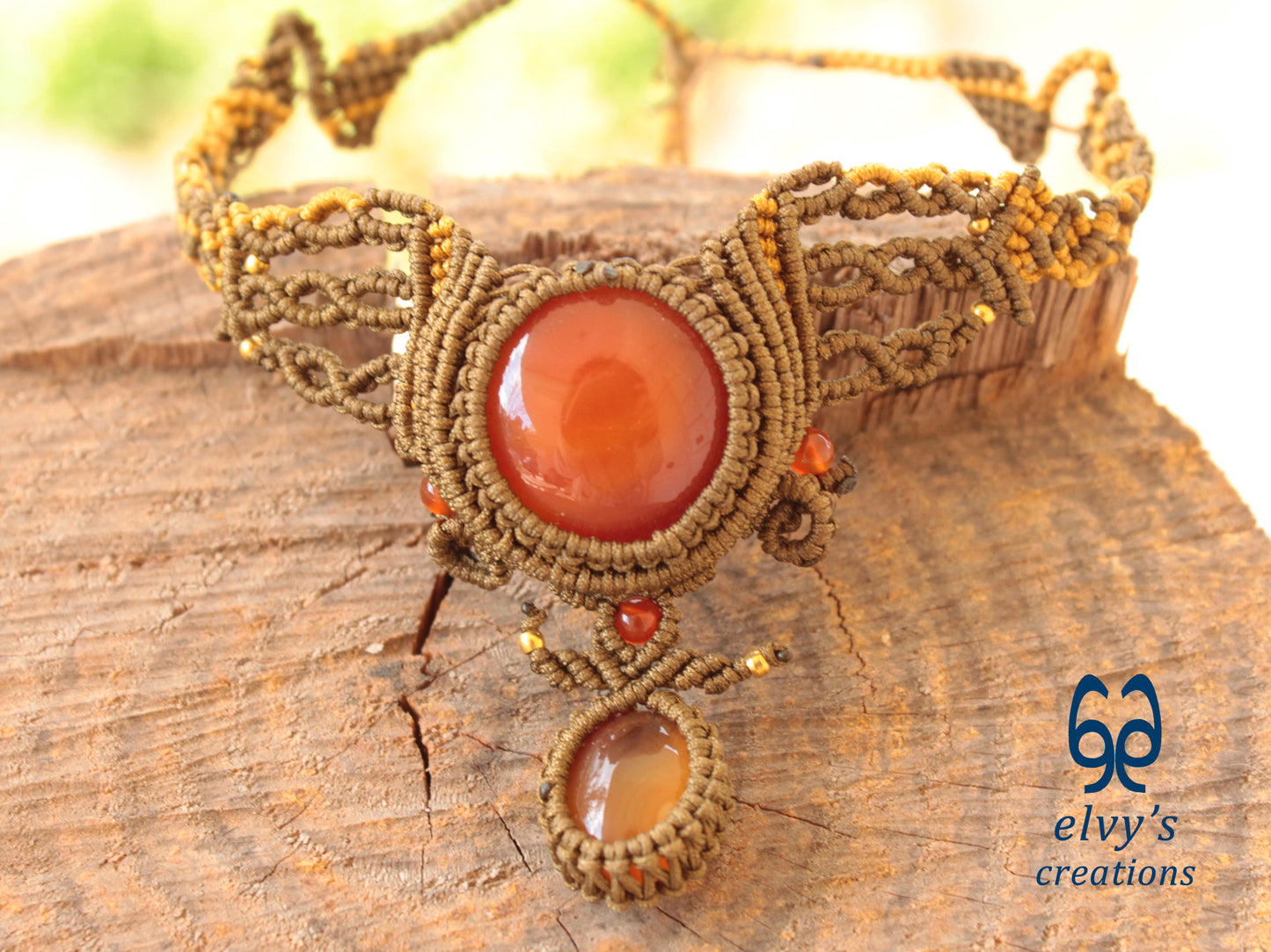 Handmade Gold Dark Macrame Necklace with Carnelian Gemstones