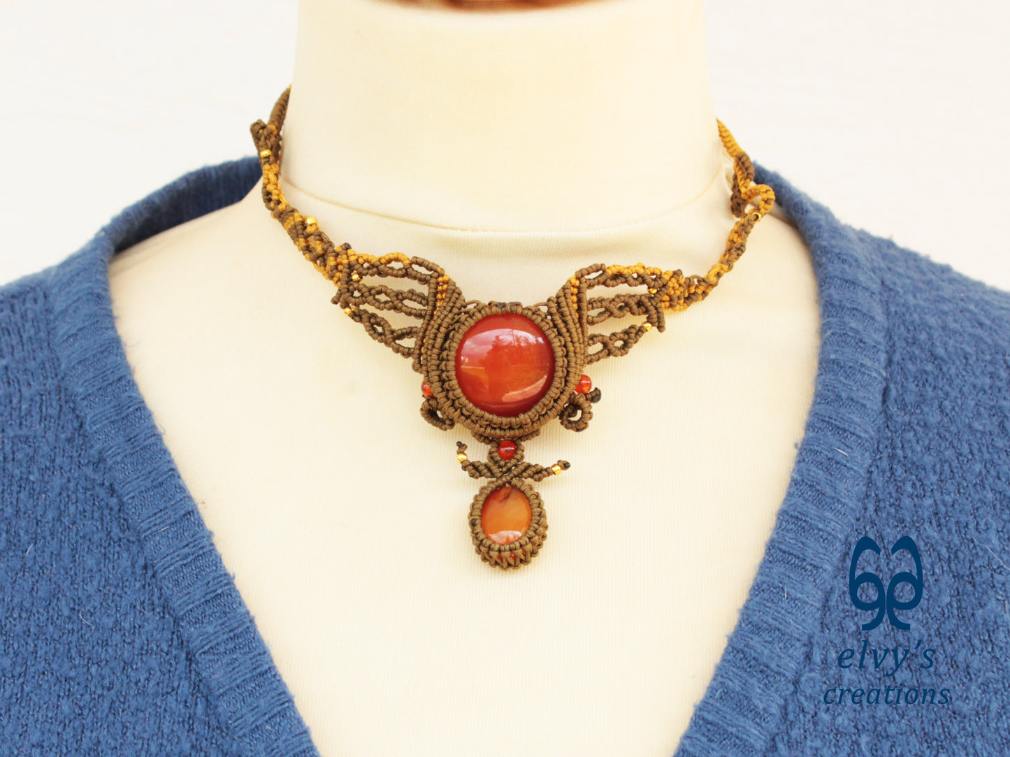 Handmade Gold Dark Macrame Necklace with Carnelian Gemstones