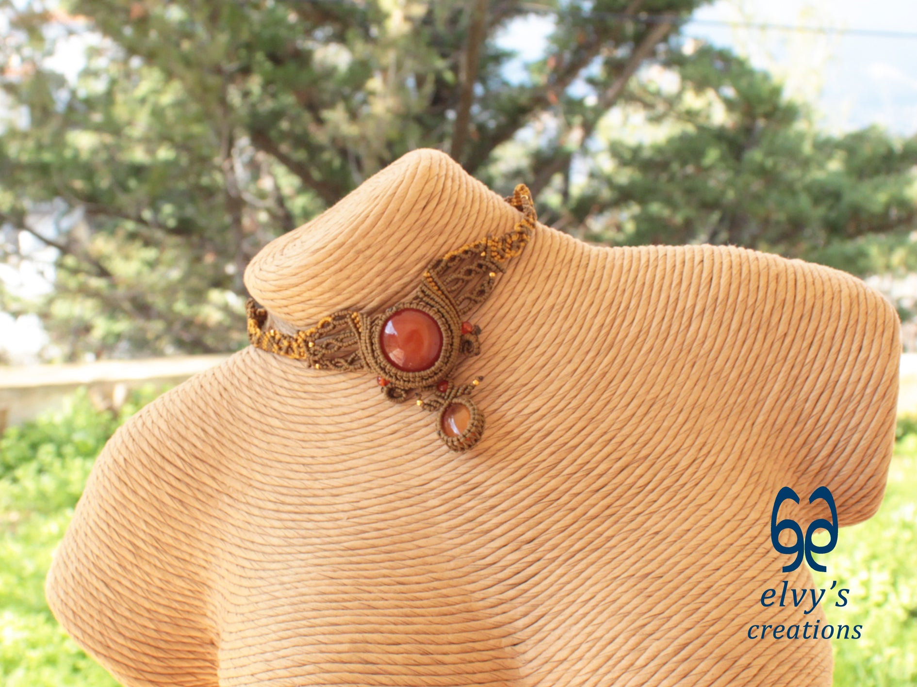 Handmade Gold Dark Macrame Necklace with Carnelian Gemstones