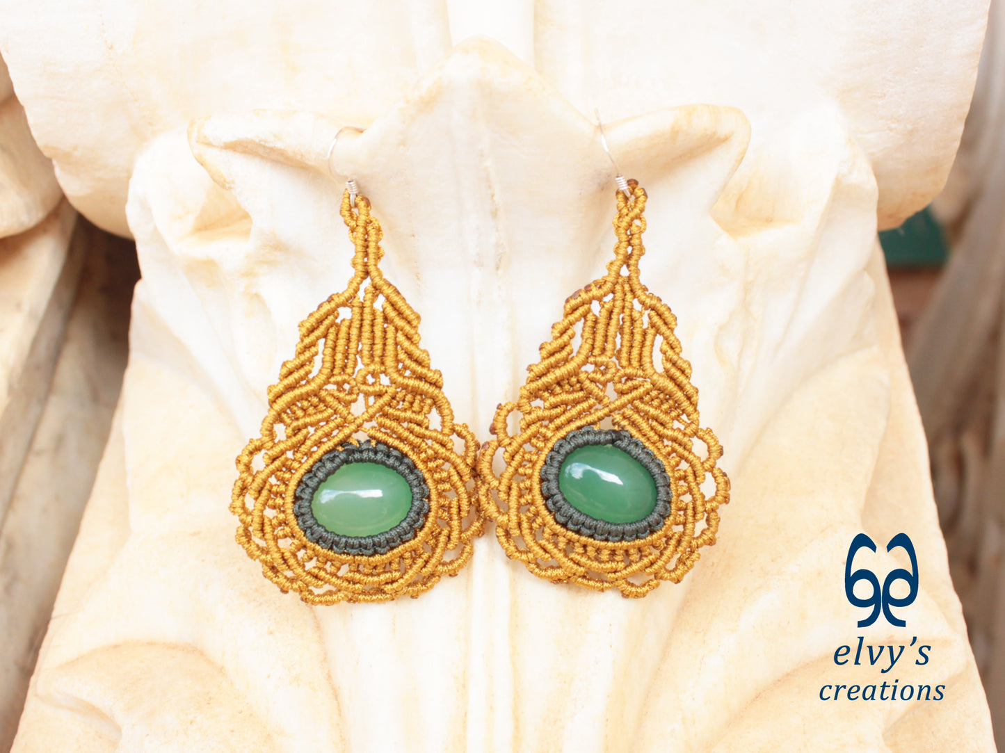 Gold Macrame Earrings with Green Aventurine Gemstones