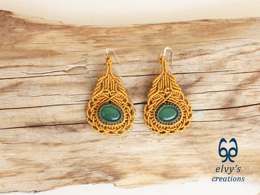 Gold Macrame Earrings with Green Aventurine Gemstones