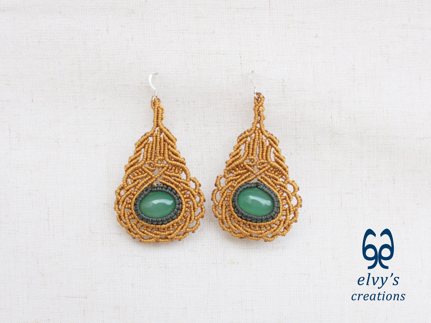 Gold Macrame Earrings with Green Aventurine Gemstones