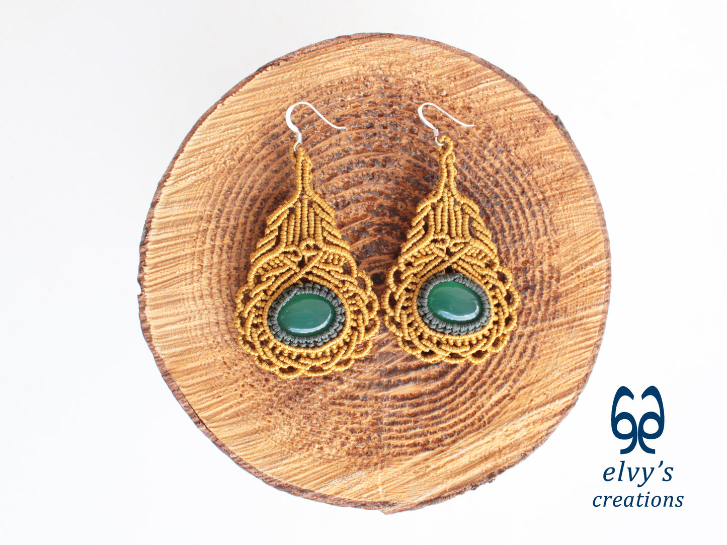 Gold Macrame Earrings with Green Aventurine Gemstones