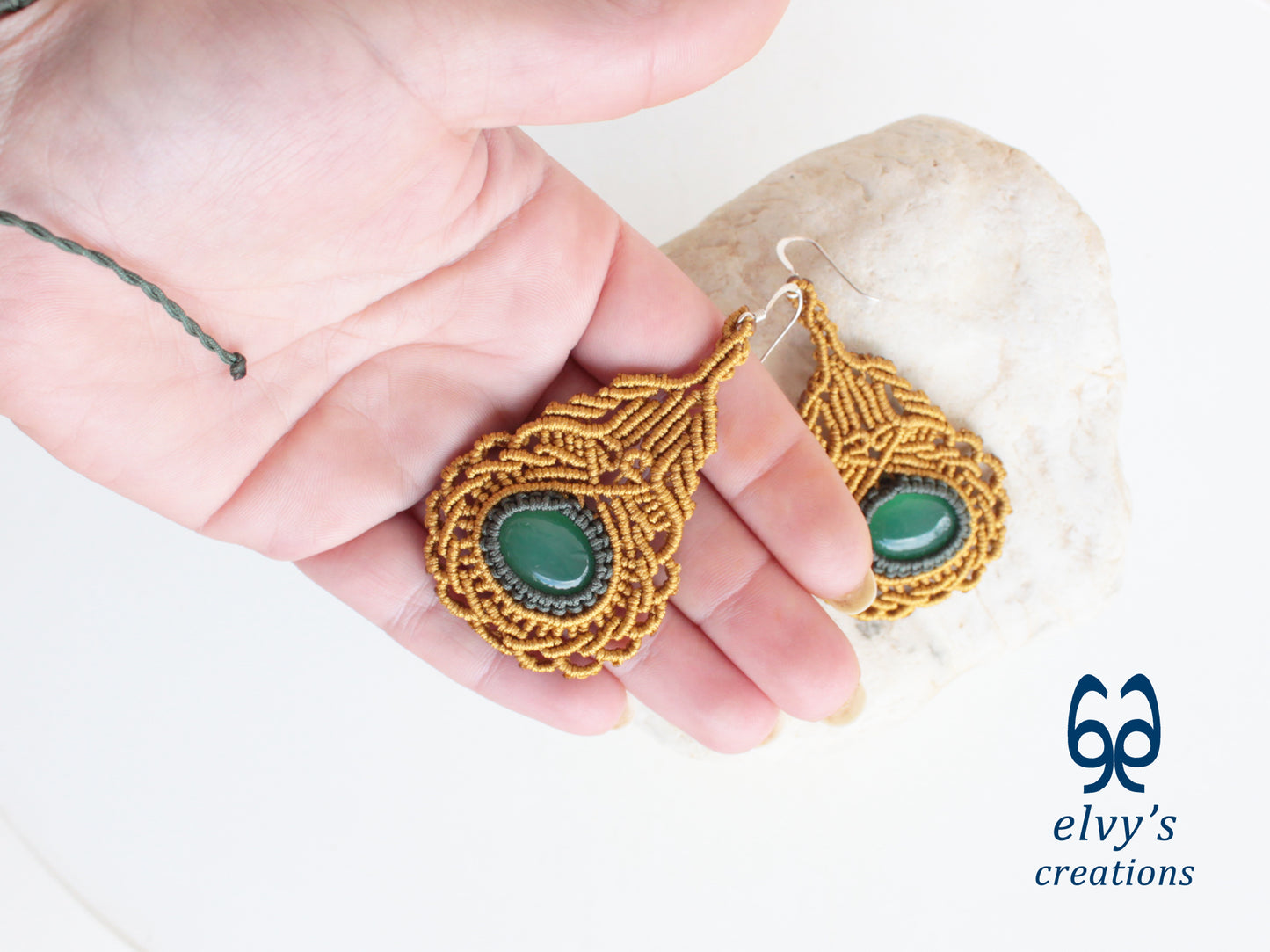 Gold Macrame Earrings with Green Aventurine Gemstones