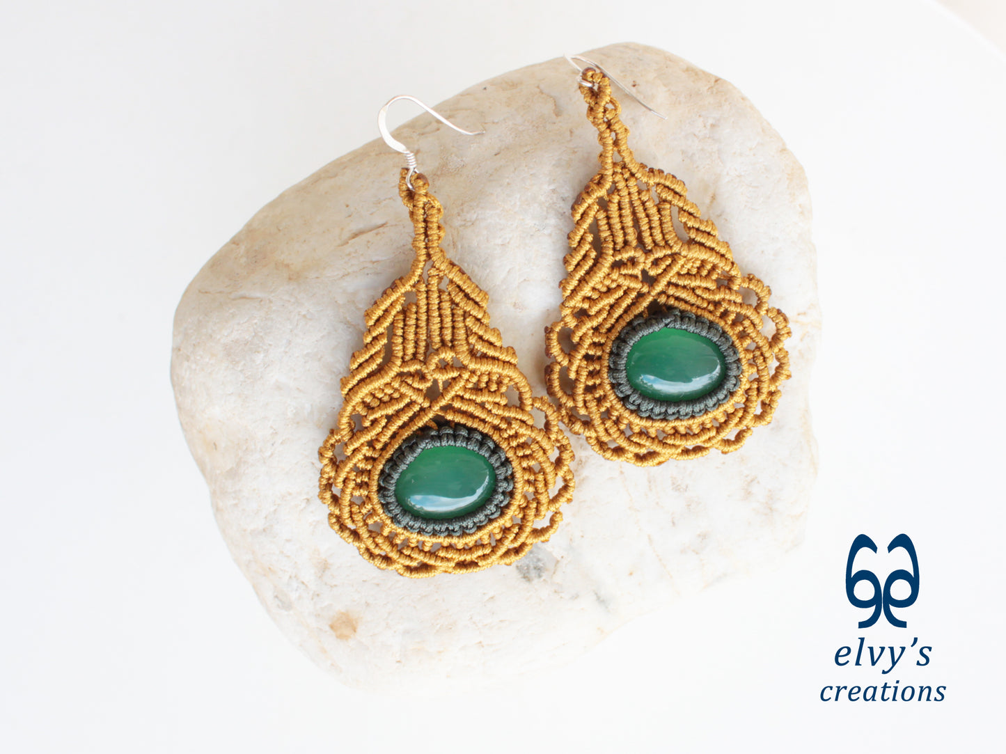 Gold Macrame Earrings with Green Aventurine Gemstones