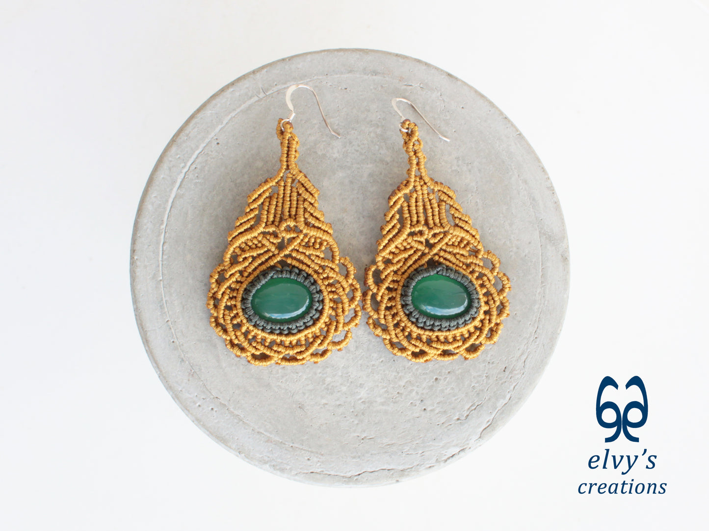 Gold Macrame Earrings with Green Aventurine Gemstones