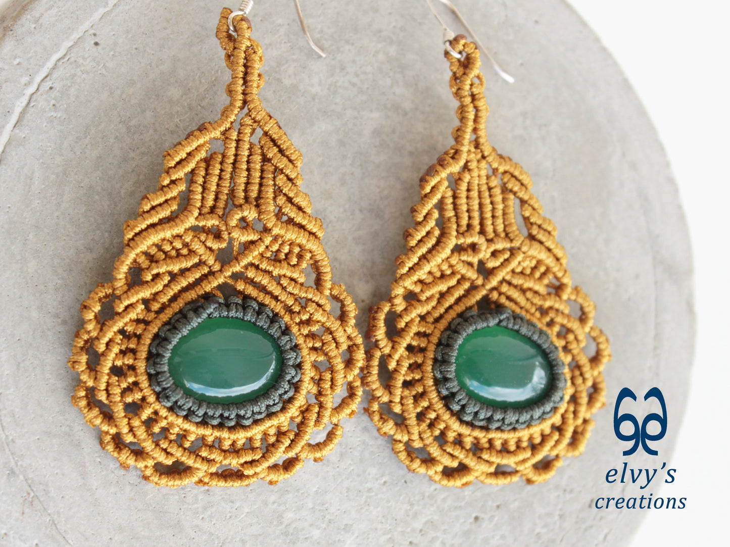 Gold Macrame Earrings with Green Aventurine Gemstones