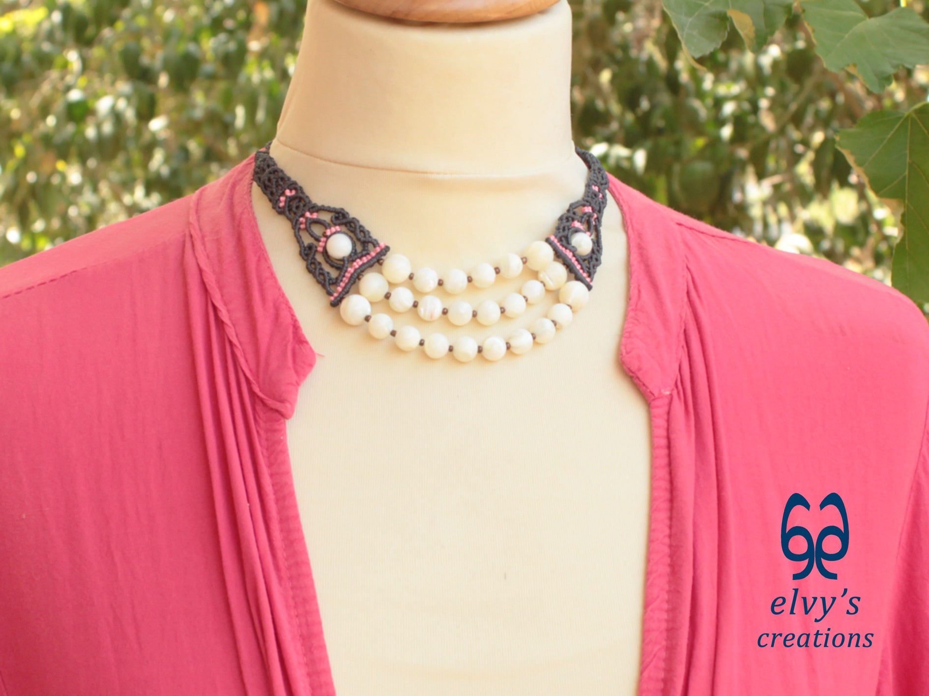 Handmade Gray Macrame Necklace with Crystal Quartz Adjustable Pink Necklace