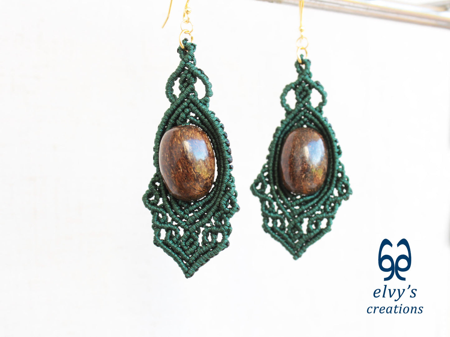 Handmade Green Macrame Earrings Dangle Bronzite Gemstones Silver Macrame Earrings