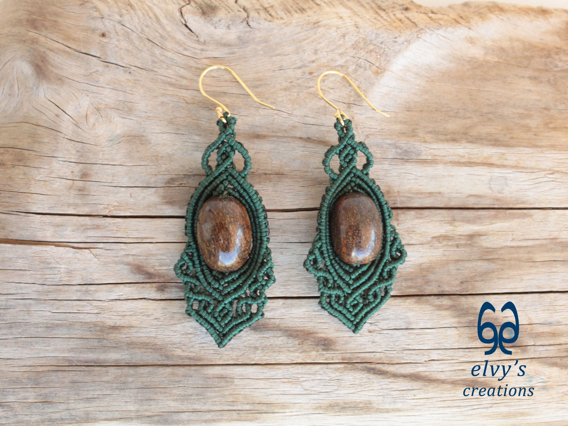 Handmade Green Macrame Earrings Dangle Bronzite Gemstones Silver Macrame Earrings