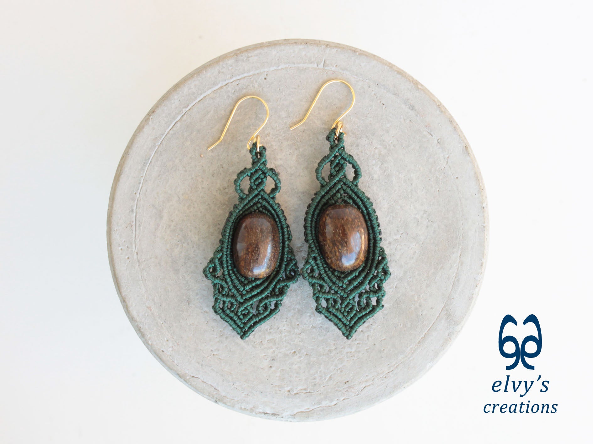 Handmade Green Macrame Earrings Dangle Bronzite Gemstones Silver Macrame Earrings