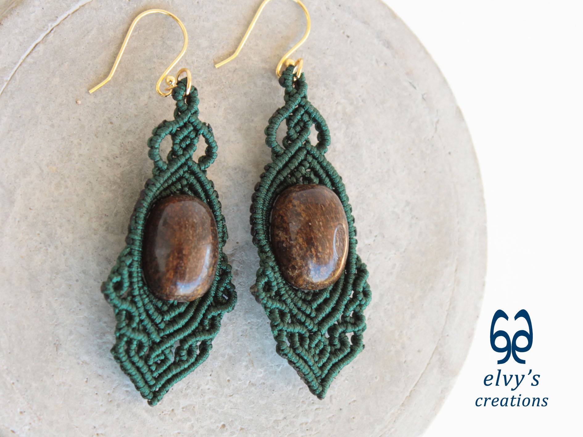 Handmade Green Macrame Earrings Dangle Bronzite Gemstones Silver Macrame Earrings