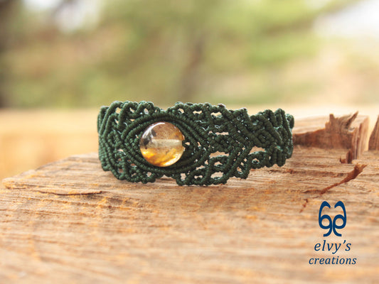 Green Macrame Bracelet with Crystal Quartz Gemstone, Handmade Unique Birthday Gift for Women