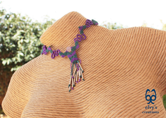 Handmade Purple Macrame Necklace Adjustable Silver Choker with Beryl