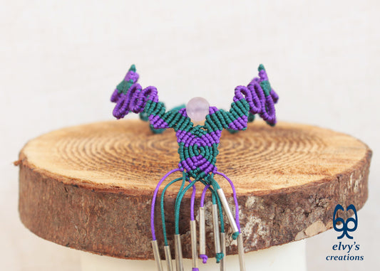 Handmade Purple Macrame Necklace Adjustable Silver Choker with Beryl