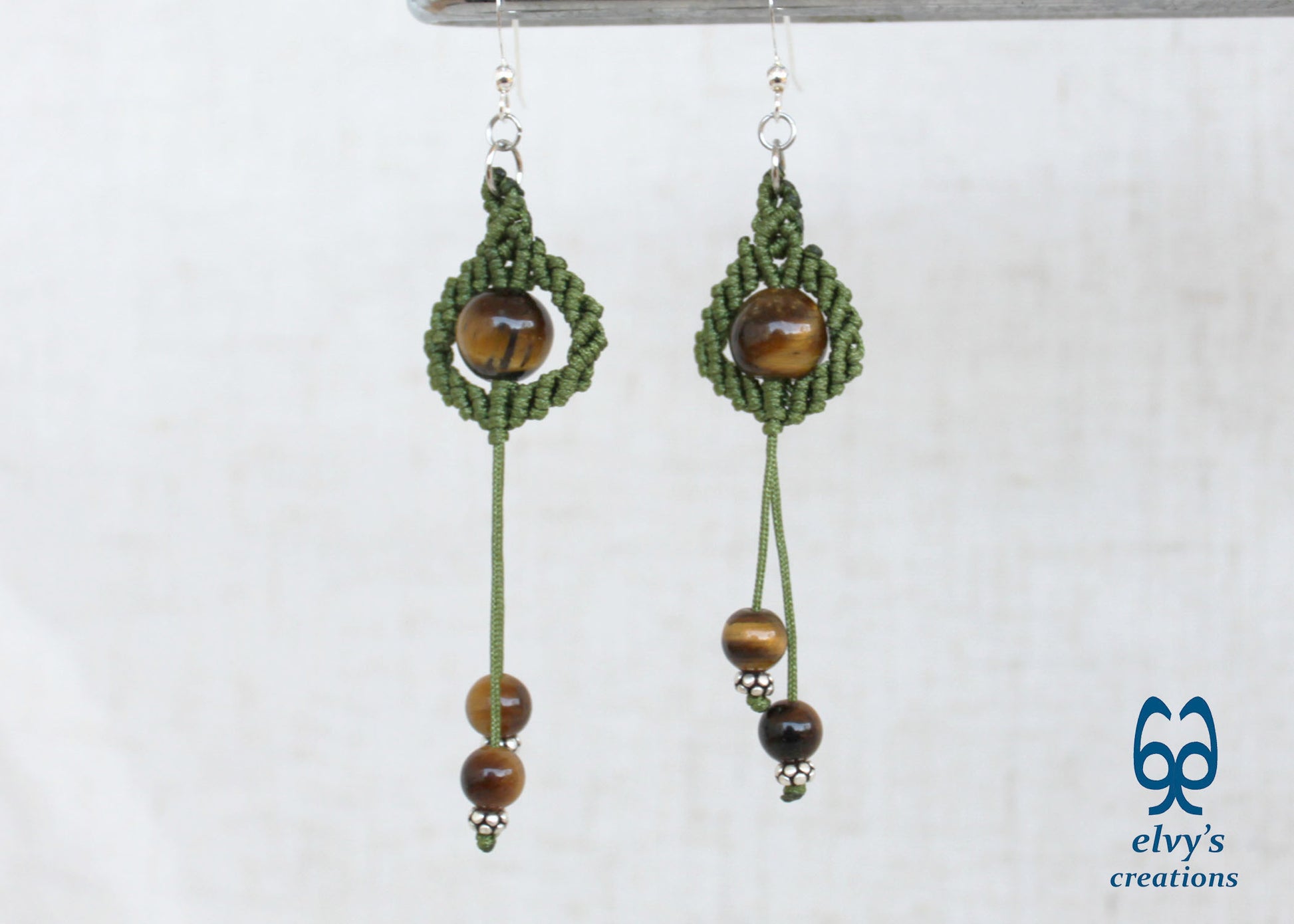 Handmade Green Macrame Earrings with Long Dangle Tiger Eye Gemstones