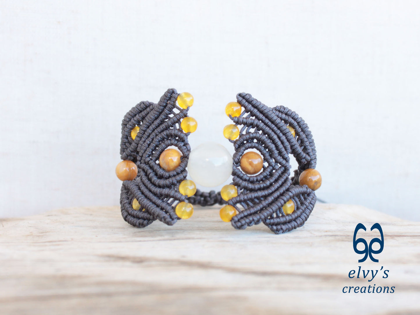 Grey Macrame Bracelet with Yellow Agate Gemstone Beaded Cuff, Unique Birthday Gift for Women