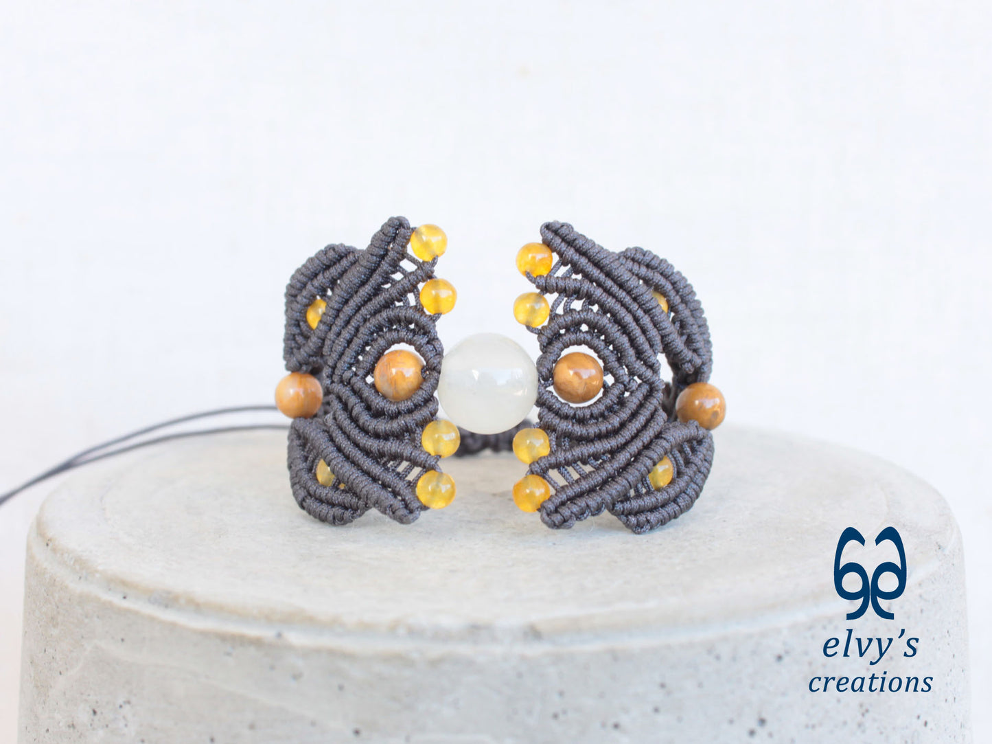 Grey Macrame Bracelet with Yellow Agate Gemstone Beaded Cuff, Unique Birthday Gift for Women