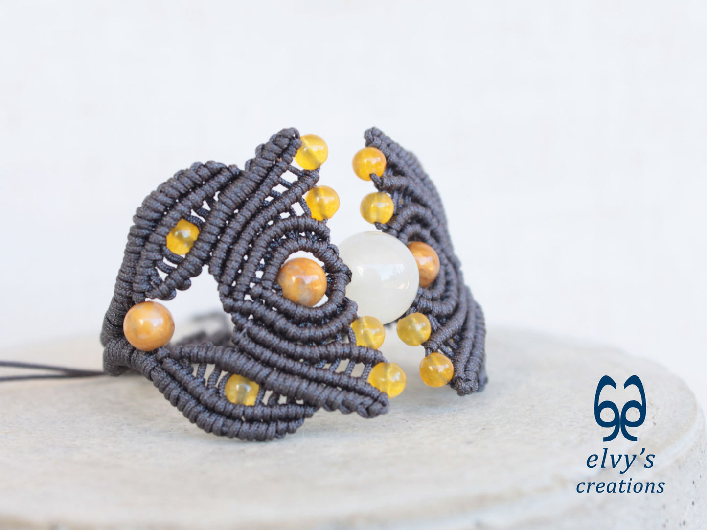 Grey Macrame Bracelet with Yellow Agate Gemstone Beaded Cuff, Unique Birthday Gift for Women