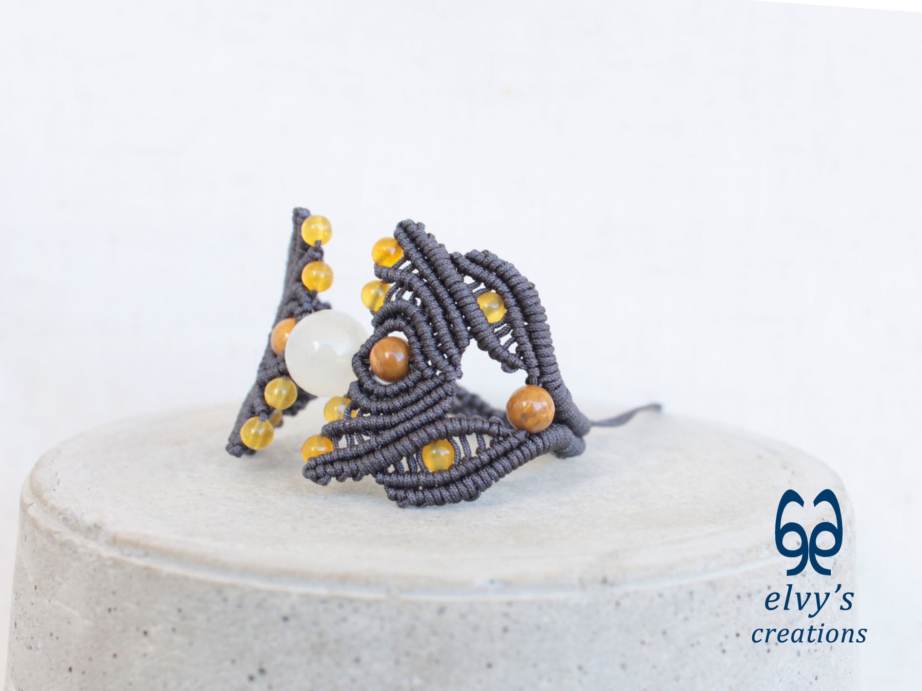 Grey Macrame Bracelet with Yellow Agate Gemstone Beaded Cuff, Unique Birthday Gift for Women