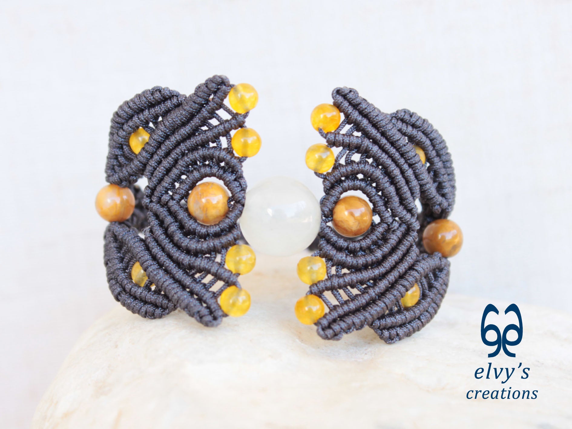 Grey Macrame Bracelet with Yellow Agate Gemstone Beaded Cuff, Unique Birthday Gift for Women