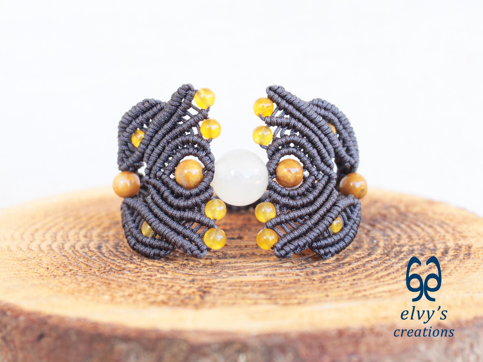 Grey Macrame Bracelet with Yellow Agate Gemstone Beaded Cuff, Unique Birthday Gift for Women