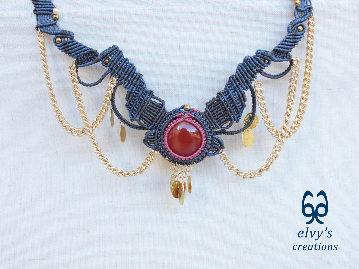 Grey and Blue Macrame Necklace with Carnelian and Coins