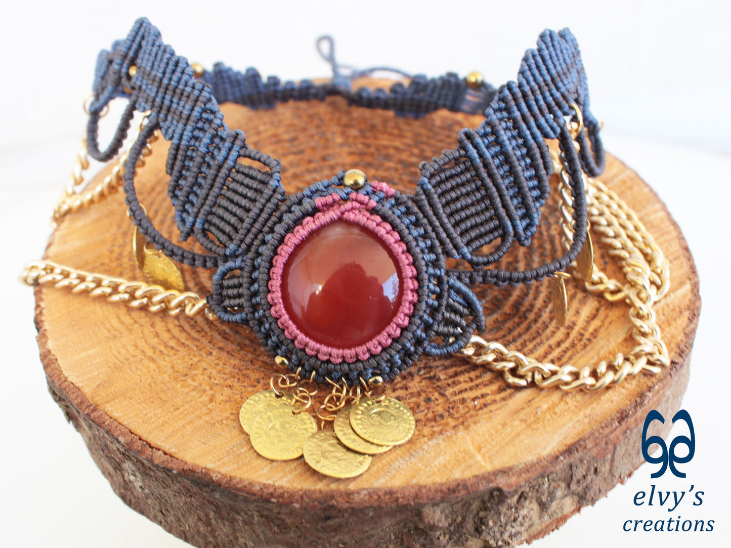 Grey and Blue Macrame Necklace with Carnelian and Coins