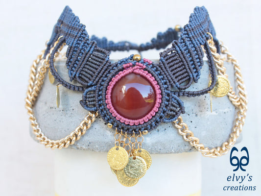 Grey and Blue Macrame Necklace with Carnelian and Coins