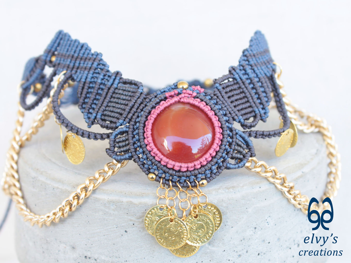 Handmade Red Macrame Choker Necklace with Orange Carnelian Gemstones