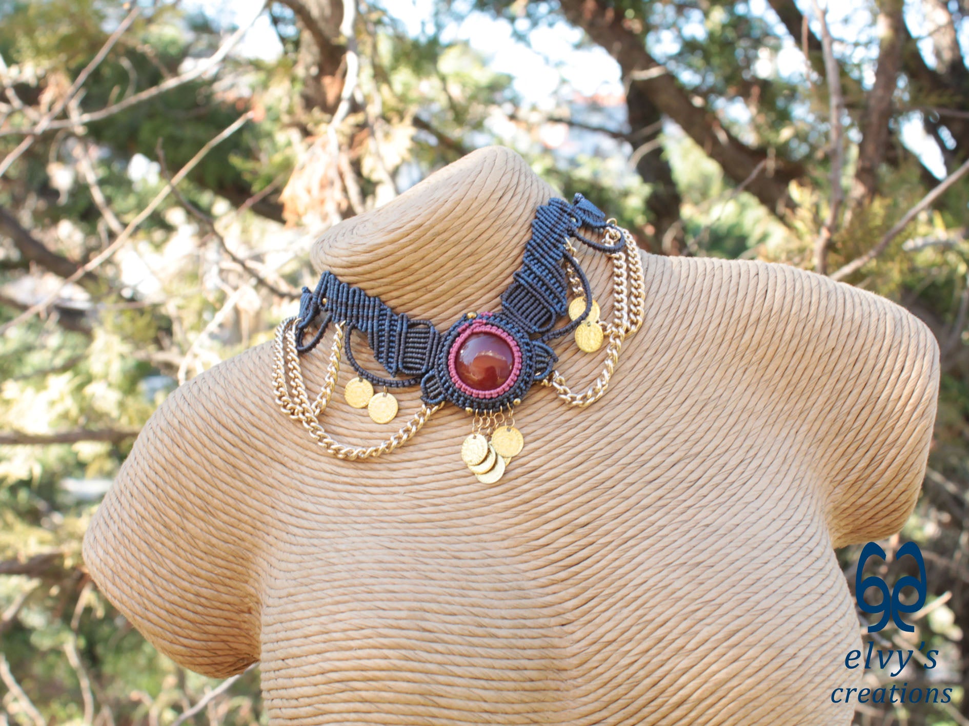 Handmade Red Macrame Choker Necklace with Orange Carnelian Gemstones