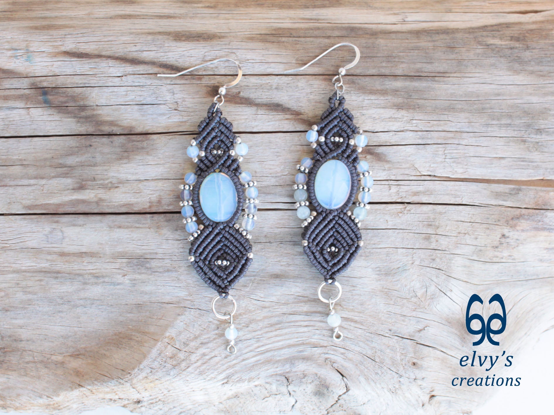 Grey Macrame Earrings with Rainbow Moonstone Gemstones Boho Macrame Earrings for Women