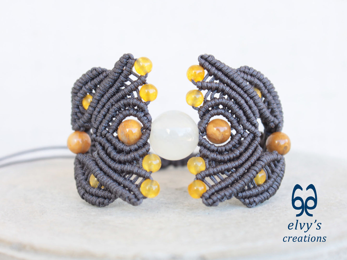 Grey Macrame Bracelet with Yellow Agate Gemstone Beaded Cuff, Unique Birthday Gift for Women