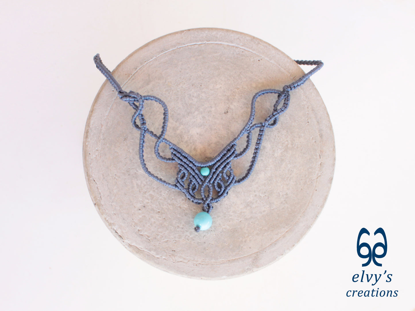 Handmade Blue Jeans Macrame Necklace with Turquoise Gemstones Choker