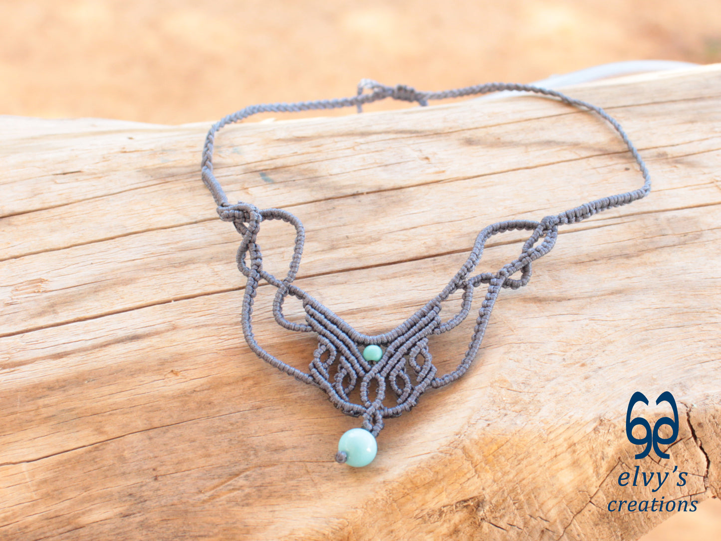 Handmade Blue Jeans Macrame Necklace with Turquoise Gemstones Choker