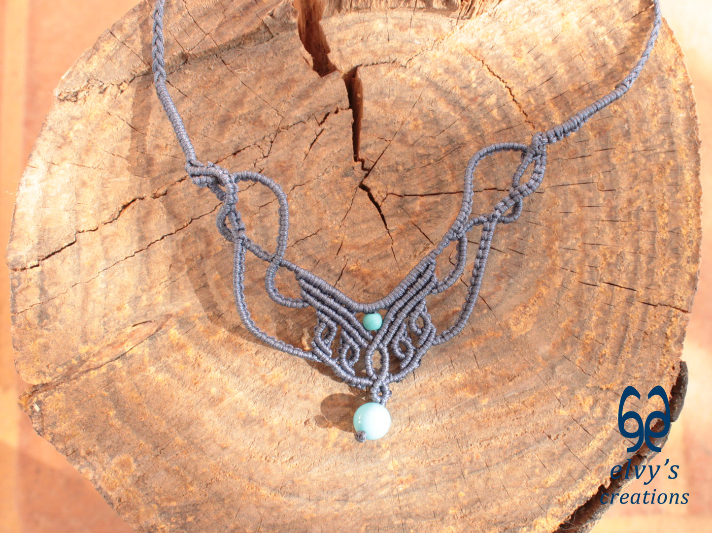 Handmade Blue Jeans Macrame Necklace with Turquoise Gemstones Choker