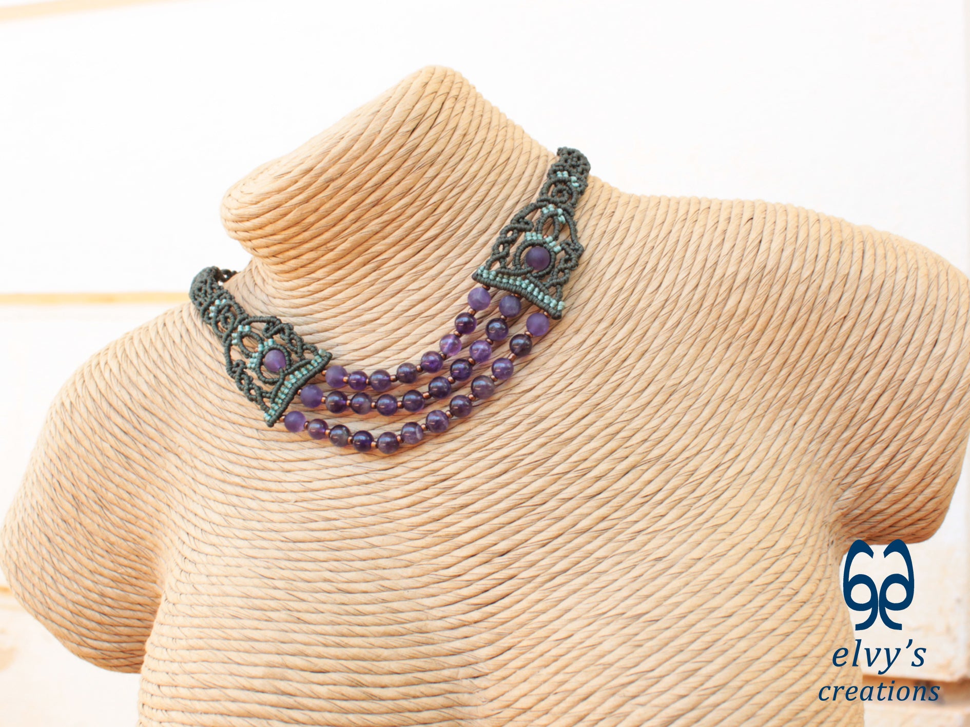 Green Macrame Necklace with Handmade Necklace with Amethyst Gemstones